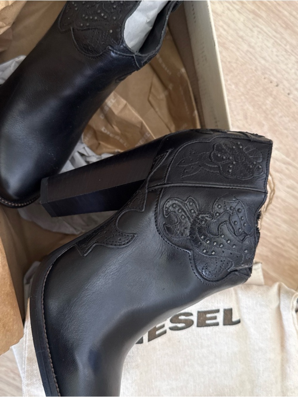 Diesel Black Leather Western-Style Ankle Booties - Picture 3 of 5